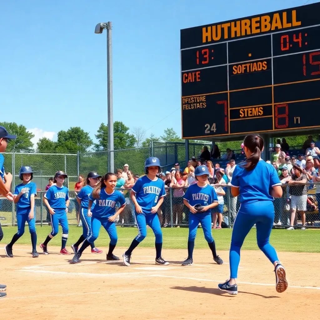 Youth softball players competing in a playoff match.