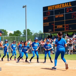 Youth softball players competing in a playoff match.