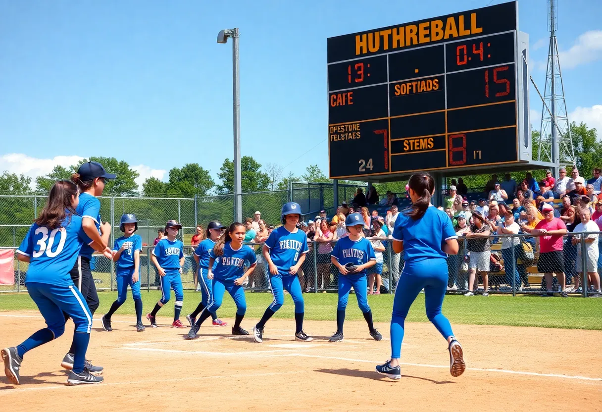 Youth softball players competing in a playoff match.