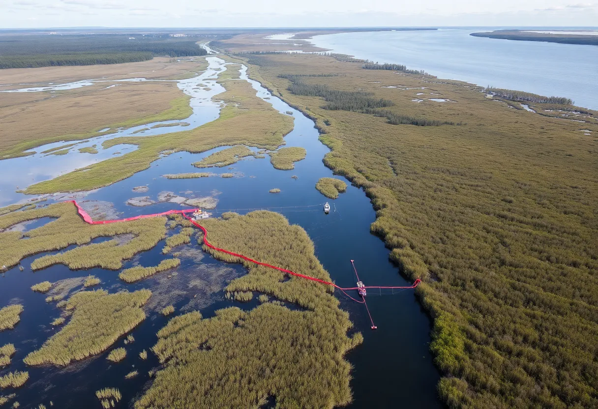 Aerial view of marshland with containment booms during oil leak cleanup operations.