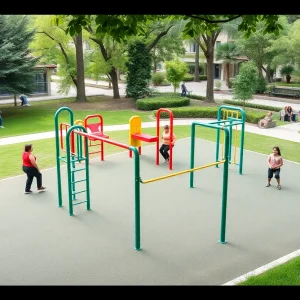Outdoor gym equipment in Sweetheart Park with community members exercising.