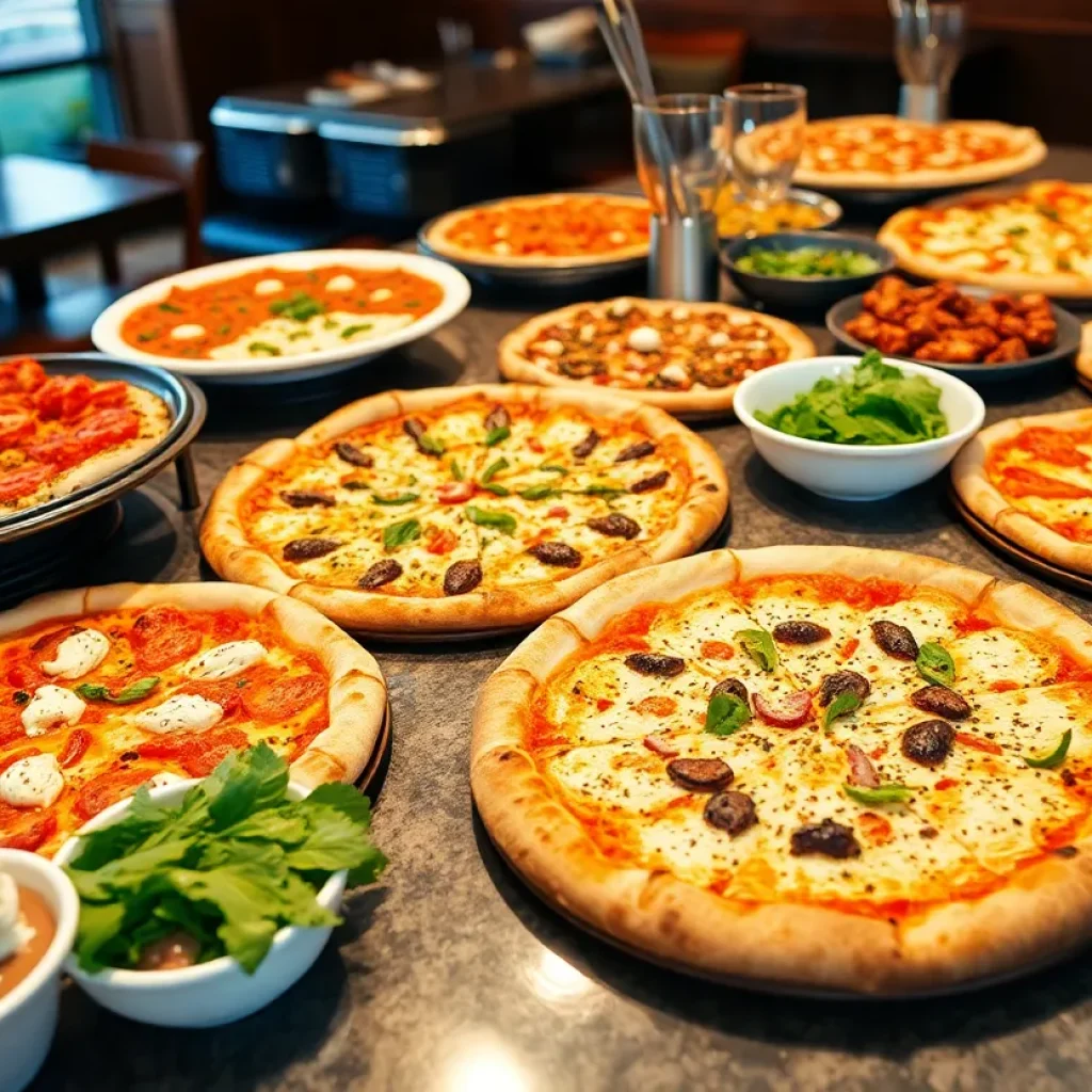 A selection of various pizzas displayed on a buffet table.