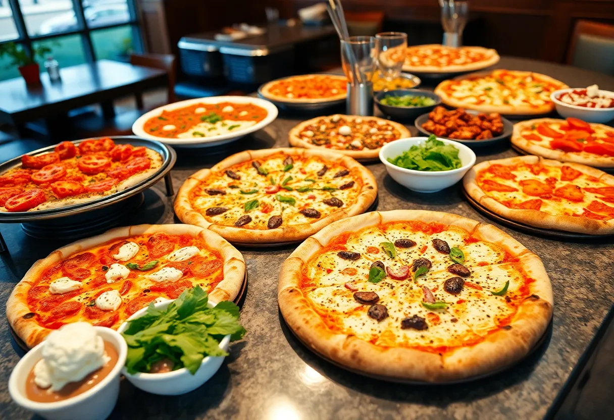 A selection of various pizzas displayed on a buffet table.