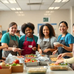 School nutrition staff serving meals in a cafeteria