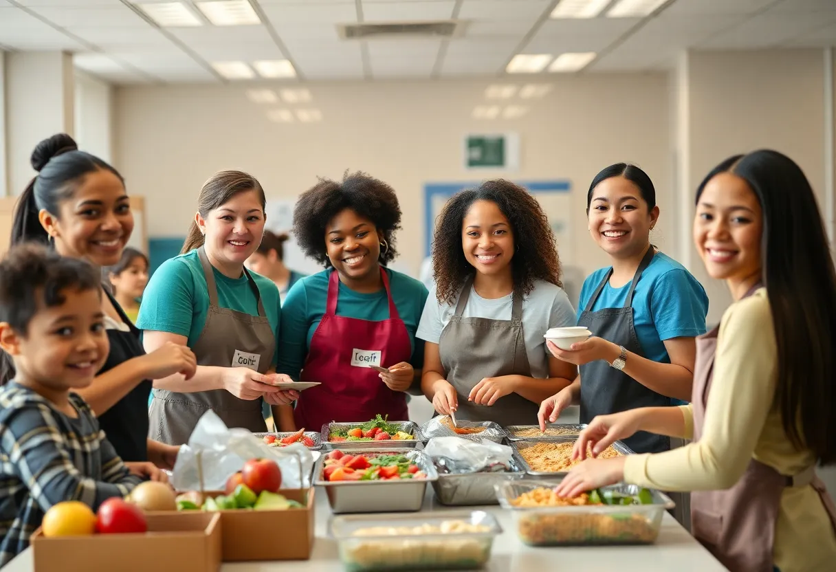 School nutrition staff serving meals in a cafeteria