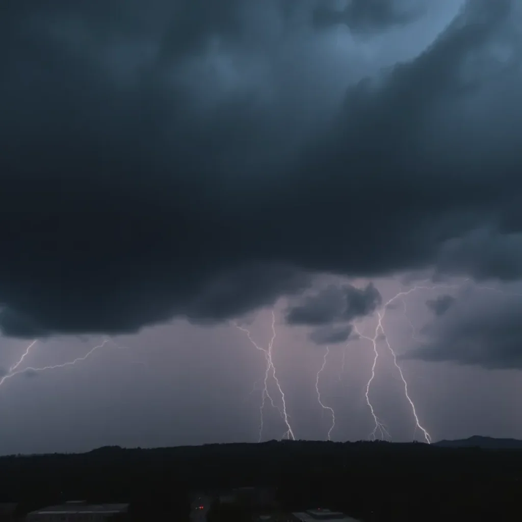 Dark storm clouds and lightning over Greenville SC