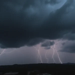 Dark storm clouds and lightning over Greenville SC