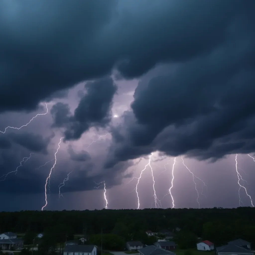Dark storm clouds with lightning approaching Laurens, South Carolina.