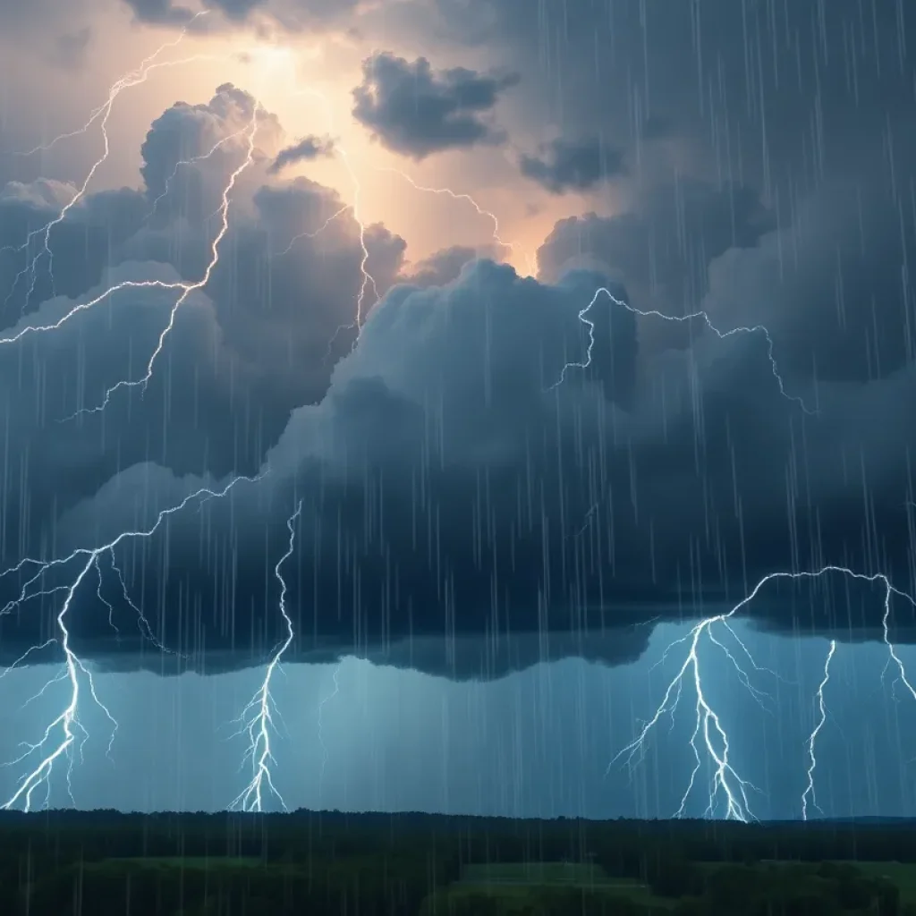 Dark storm clouds and lightning over Laurens County, SC