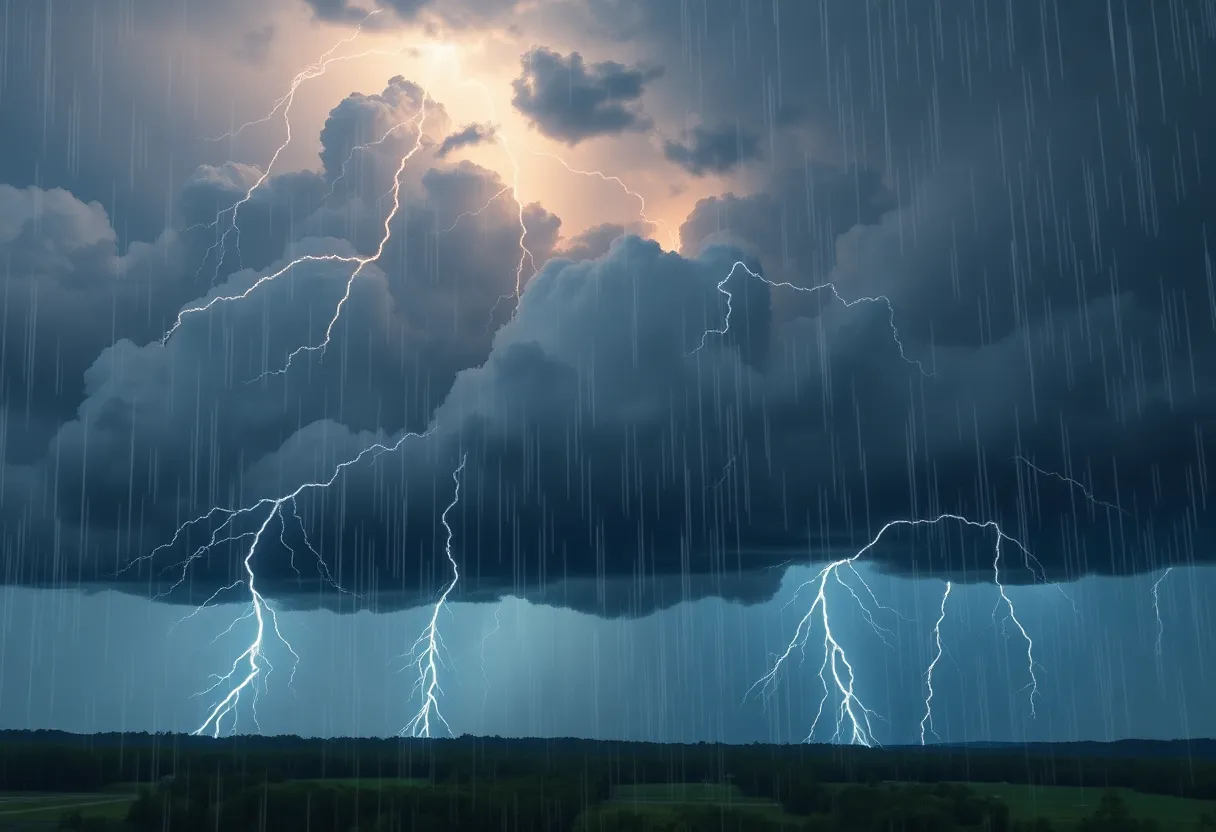 Dark storm clouds and lightning over Laurens County, SC