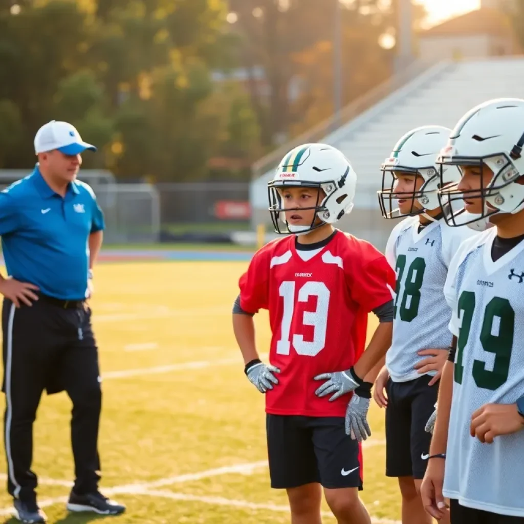 Coaching staff evaluating young football prospects on the field.