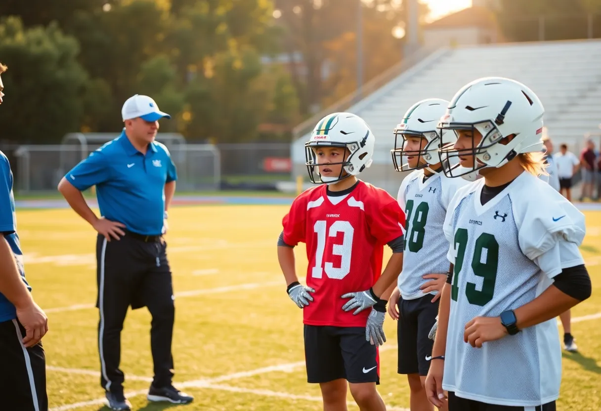 Coaching staff evaluating young football prospects on the field.