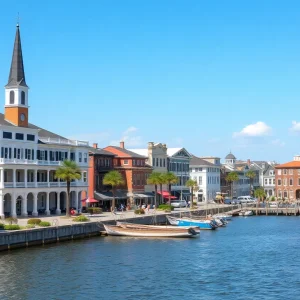 Scenic view of a historic town in South Carolina with waterways and charming architecture.