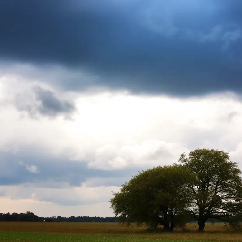 Dark storm clouds over a rural Midlands landscape
