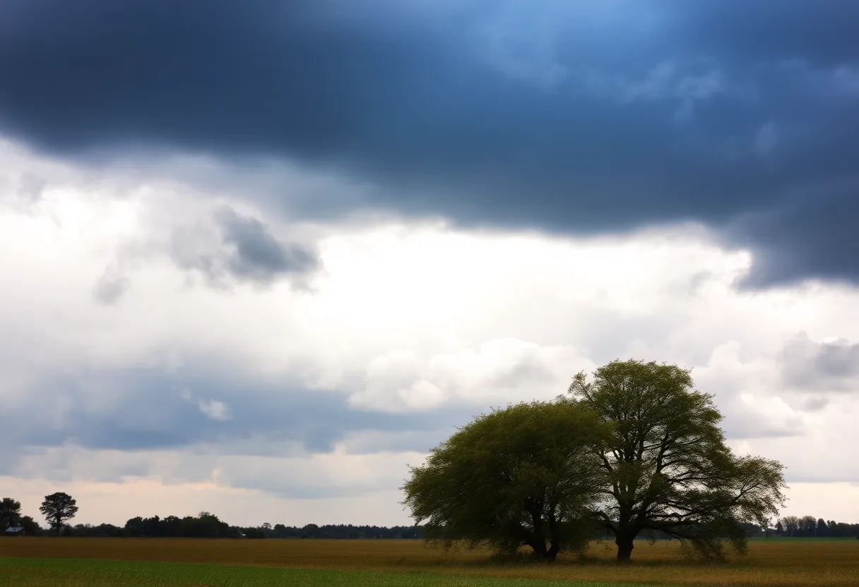 Dark storm clouds over a rural Midlands landscape