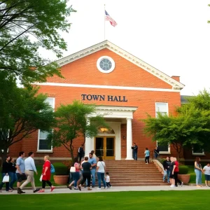 Benson Town Hall with community members around