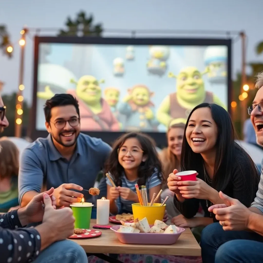 Families enjoying the outdoor screening of 'Shrek' at Clinton Library with themed crafts