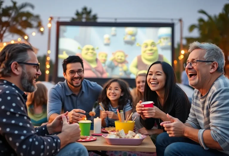 Families enjoying the outdoor screening of 'Shrek' at Clinton Library with themed crafts