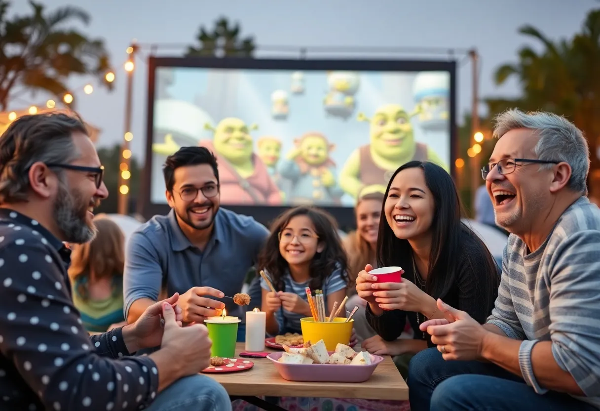 Families enjoying the outdoor screening of 'Shrek' at Clinton Library with themed crafts