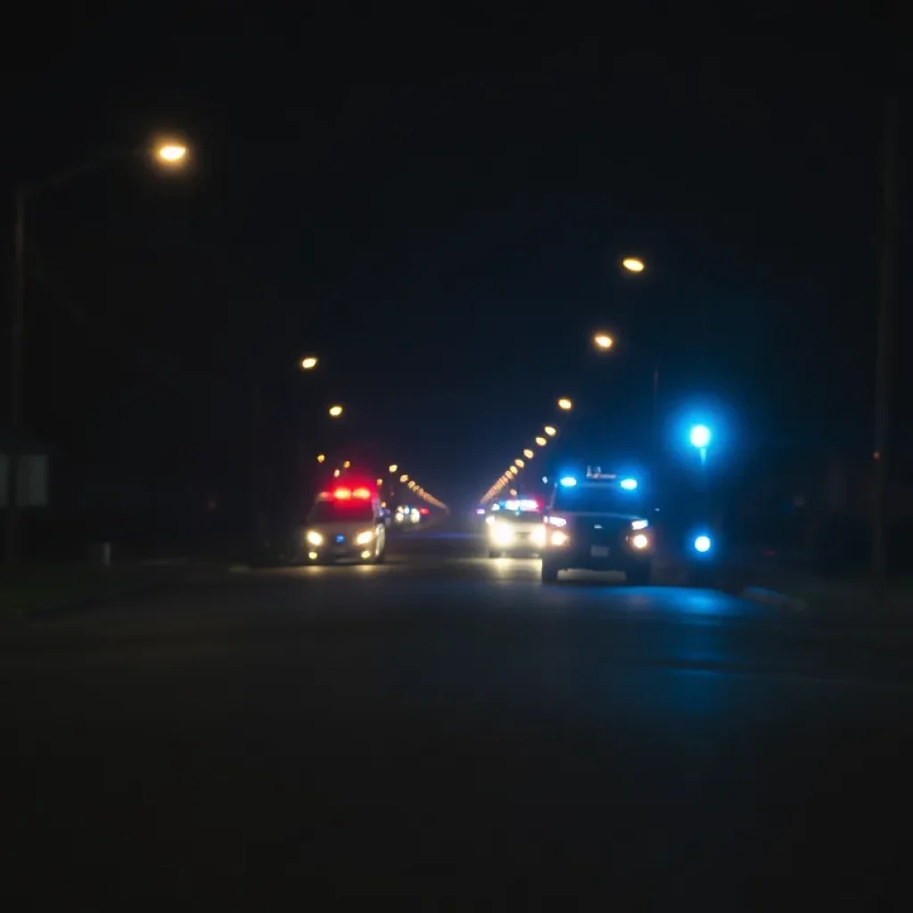 Police lights illuminate a street following a shooting incident in Clinton, SC