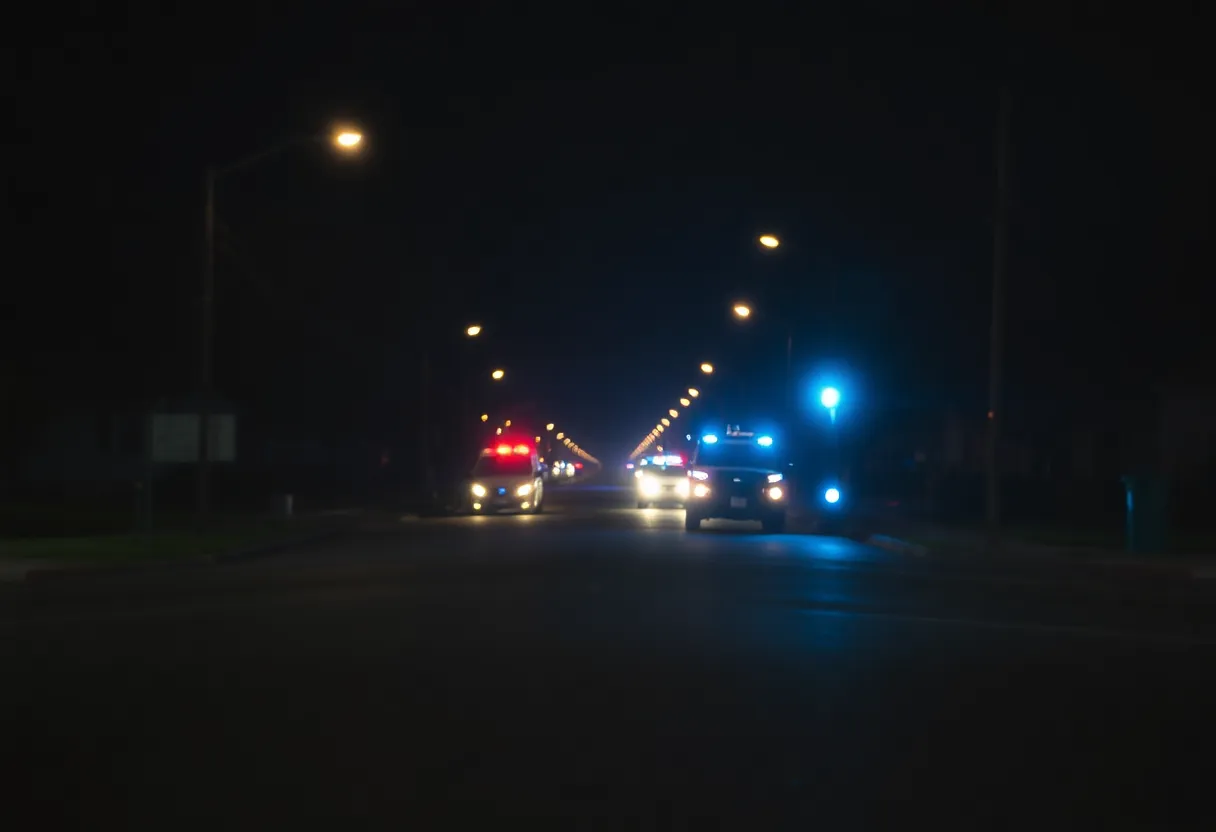 Police lights illuminate a street following a shooting incident in Clinton, SC