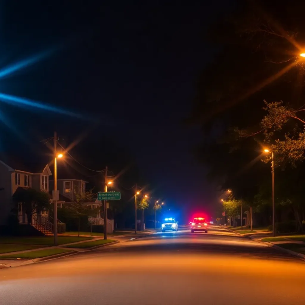 Scene of a shooting incident in Clinton, South Carolina, with police lights.