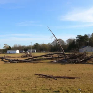 The aftermath of a tornado in Clinton, New York, with uprooted trees