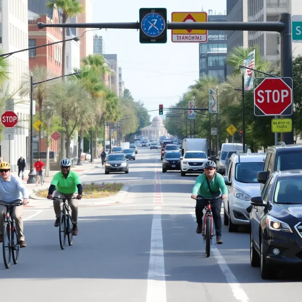 A safe street scene in Clinton, SC with cyclists and pedestrians.