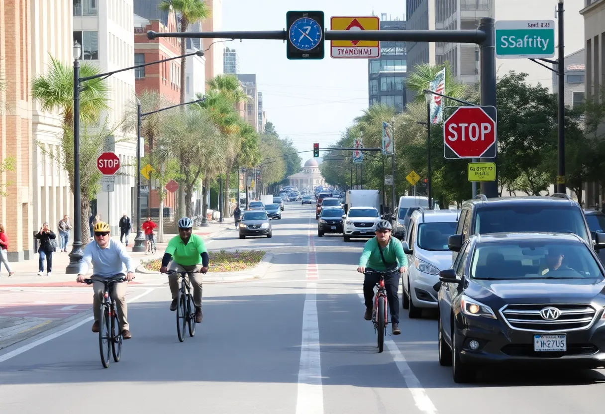 A safe street scene in Clinton, SC with cyclists and pedestrians.