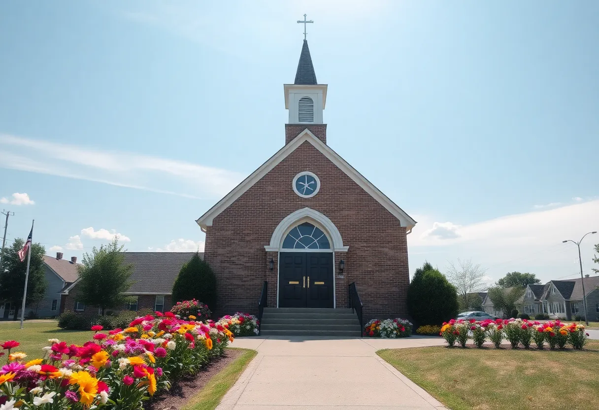 A peaceful community church surrounded by flowers, representing remembrance.