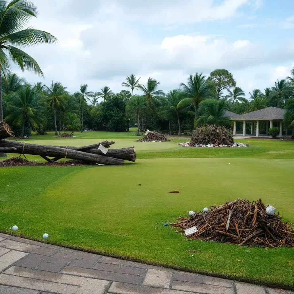 A golf course damaged by Hurricane Helene showing broken structures and debris.