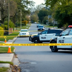 Police cars and evidence markers at a crime scene in Easley, South Carolina.