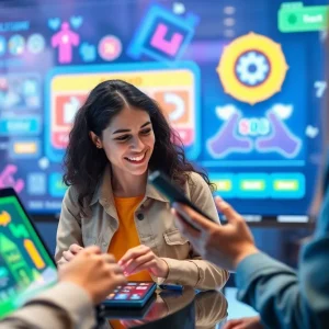 A digital marketing scene featuring gamification elements