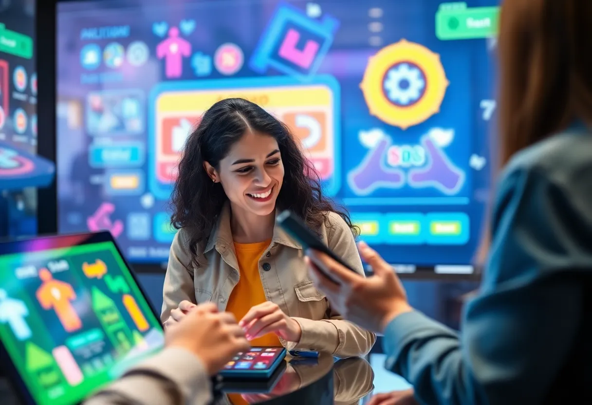 A digital marketing scene featuring gamification elements