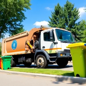 Trash collection truck on street with garbage bins