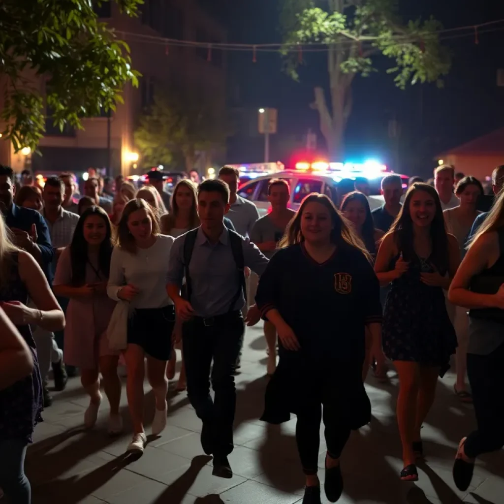 Scene of a graduation party disrupted by police vehicles and emergency responders.