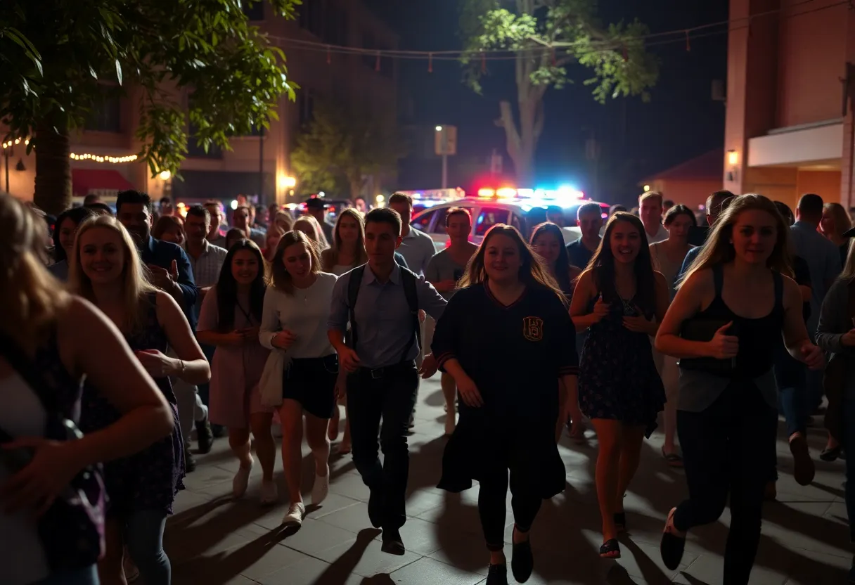 Scene of a graduation party in Clinton SC disrupted by a shooting, with police presence and attendees fleeing.