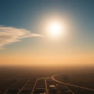 A cityscape under a blazing sun depicting a heat wave