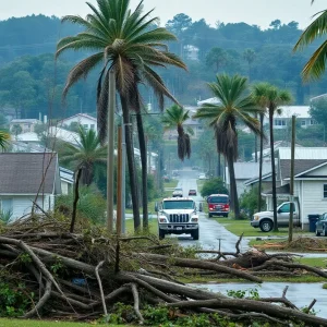 Damage caused by Hurricane Helene in Laurens County with downed trees and destroyed property.