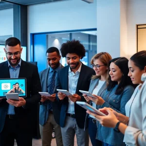 People engaging with interactive digital content.