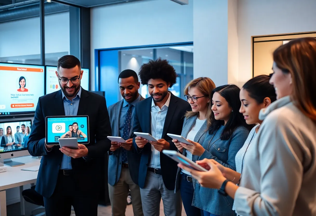 People engaging with interactive digital content.
