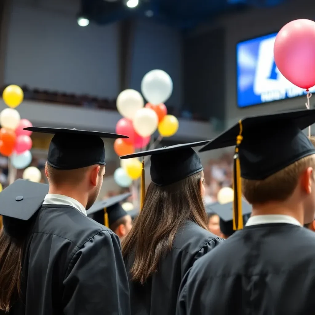 Graduates celebrating at Lander University's commencement ceremony in an arena