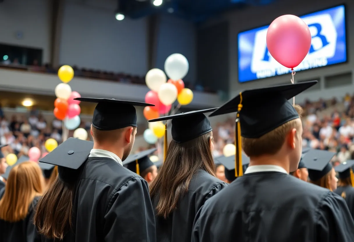 Graduates celebrating at Lander University's commencement ceremony in an arena