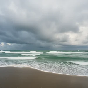 Beach scenery with darkening skies due to a low-pressure system