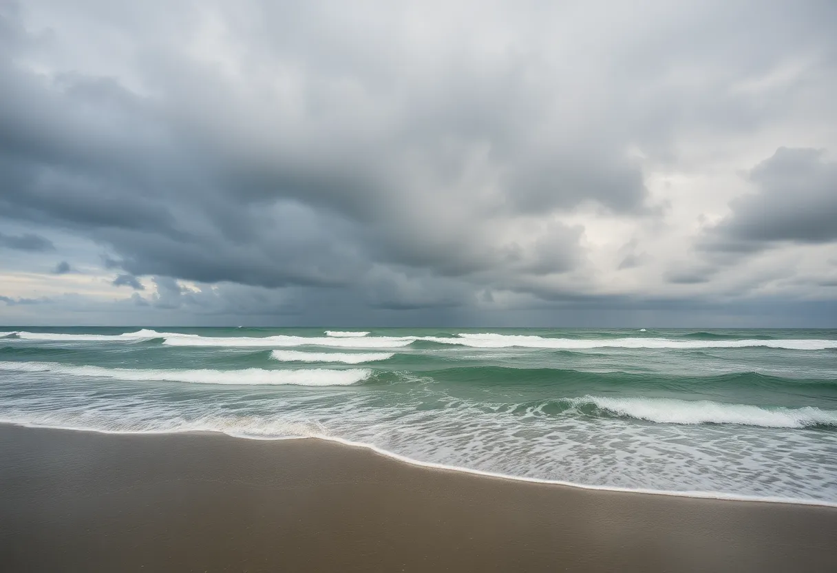 Beach scenery with darkening skies due to a low-pressure system