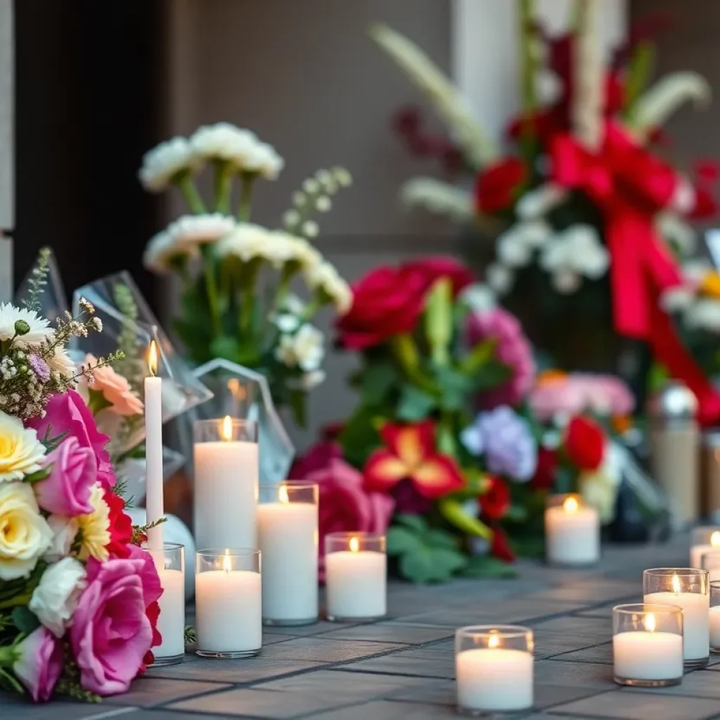 Memorial service for Gene Fowler with flowers and candles