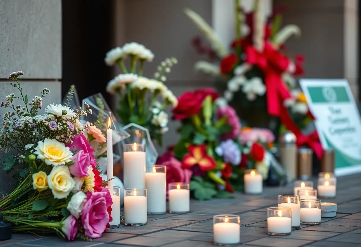 Memorial service for Gene Fowler with flowers and candles