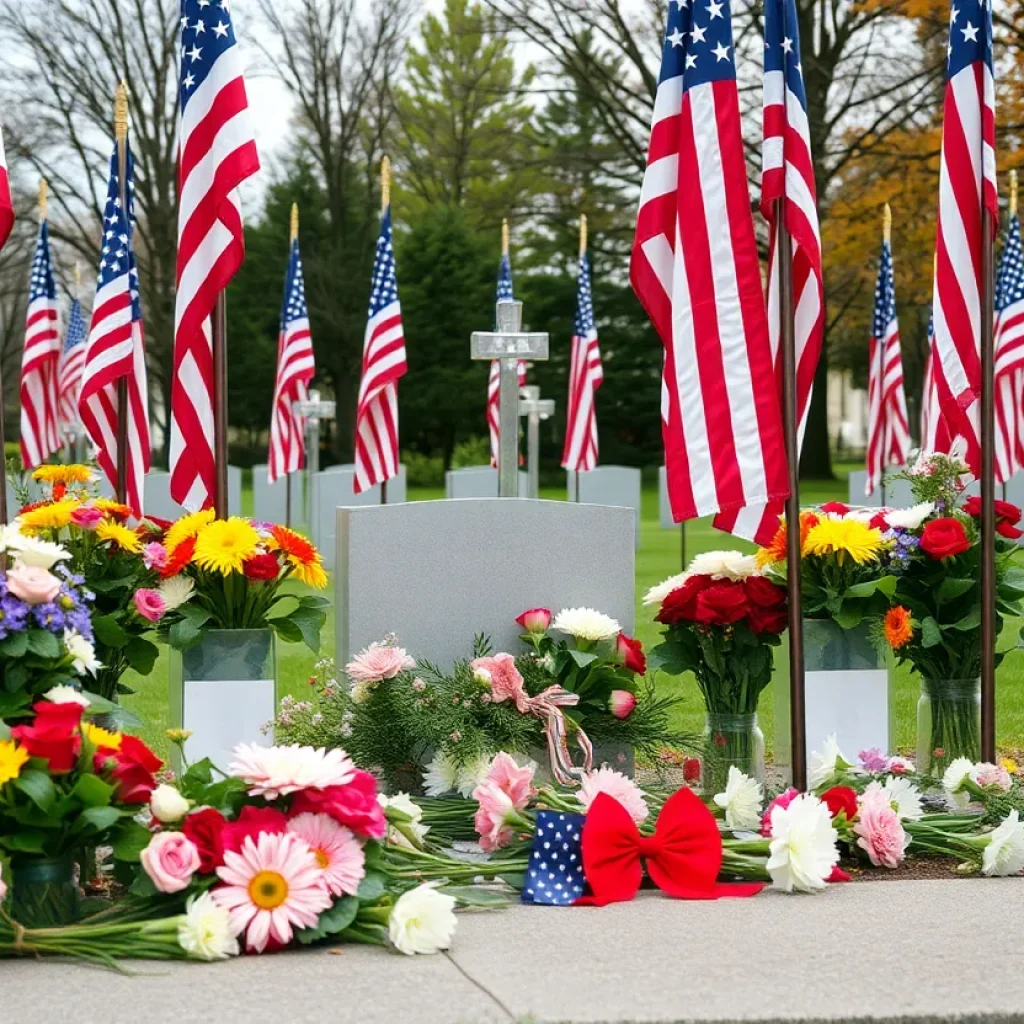 Memorial with flags and flowers for a WWII airman.