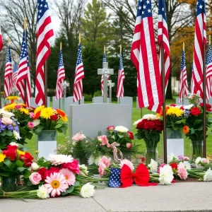 Memorial with flags and flowers for a WWII airman.