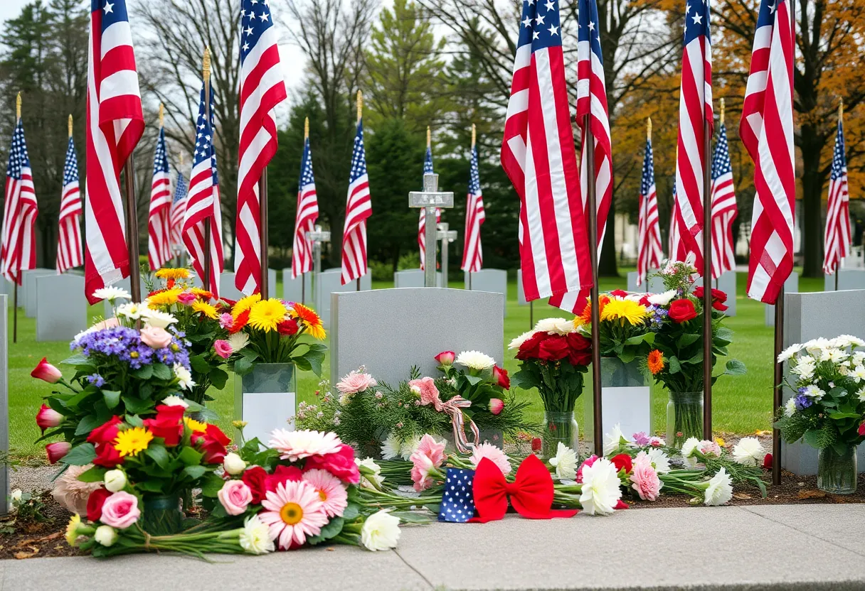 Memorial with flags and flowers for a WWII airman.